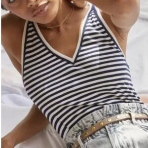 Anthropologie Maeve Knit V-Neck Racerback Striped Navy Tank Top NWT